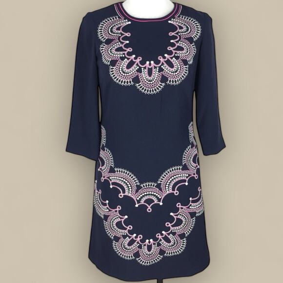 Eliza J Navy Blue Pink Embroidered Shift Dress 16 3/4 Sleeves Modest - Picture 1 of 5